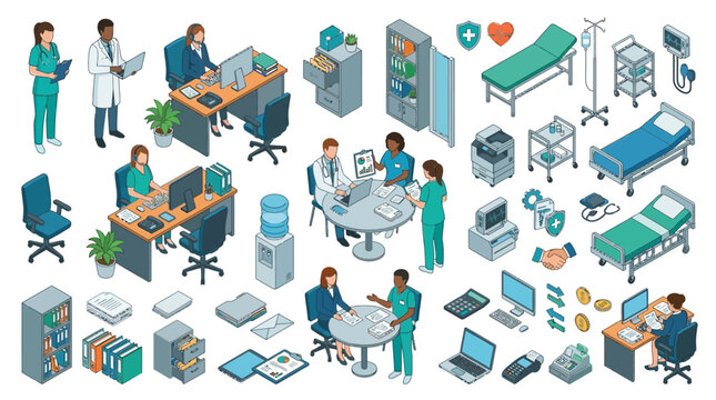 comprehensive hospital ward with medical staff, patient beds, and diagnostic equipment for healthcare services