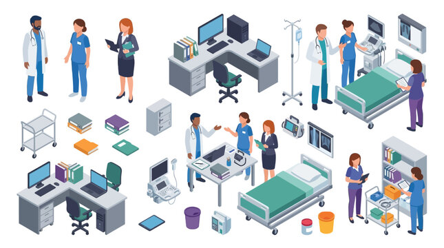 detailed hospital or medical clinic scene showing healthcare professionals and patients engaged in various clinical activities