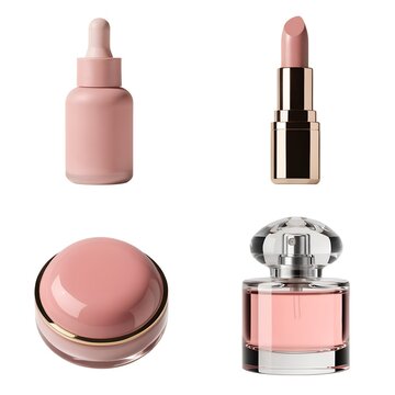 Premium luxury cosmetics product asset pack with subtle reflections. 3D isometric commercial set containing serum dropper, closed lipstick tube, cream jar, and perfume bottle isolated on white.