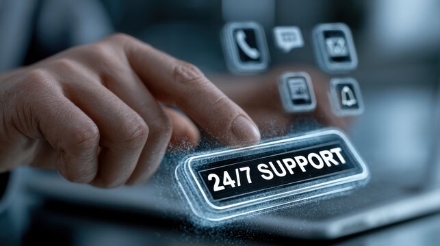 Person using a touchscreen to access 24/7 support options on a device in a modern setting