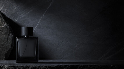 Dark rectangular perfume bottle with black cap. It rests on a dark stone surface. Dark stone wall forms the backdrop. Dim lighting casts a soft shadow. Minimalist setting emphasizes elegance © ольга 