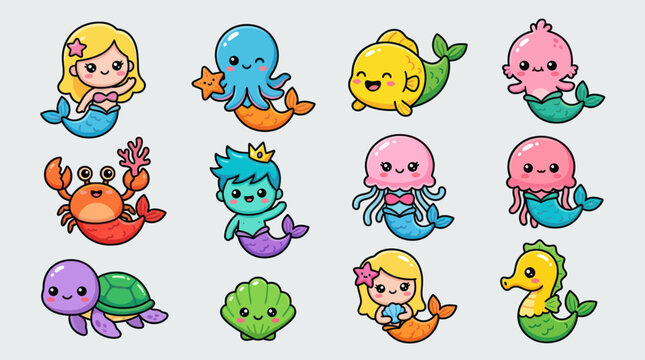 Cute cartoon sea creatures collection