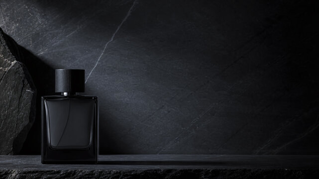 Dark rectangular perfume bottle with black cap. It rests on a dark stone surface. Dark stone wall forms the backdrop. Dim lighting casts a soft shadow. Minimalist setting emphasizes elegance
