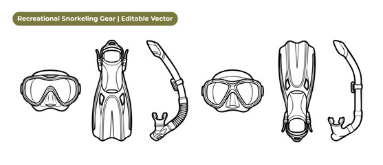 Snorkeling gear vector outline icons set representing recreational scuba diving equipment with masks, snorkels, and fins isolated on white background for summer vacation and marine sports design. © Dinali