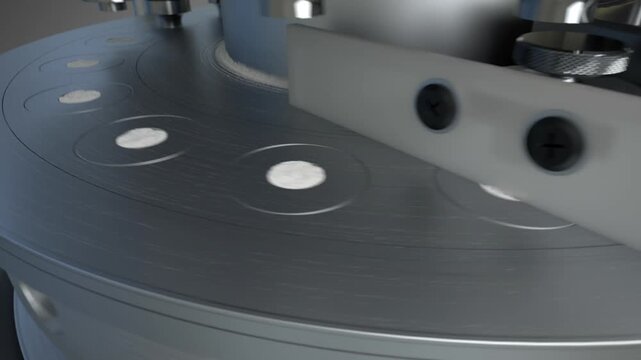 Medical pill manufacturing, Rotary Pill Press -- a dynamic camera move follows the machinery and creation of medicine tablets, ending with a wide view.