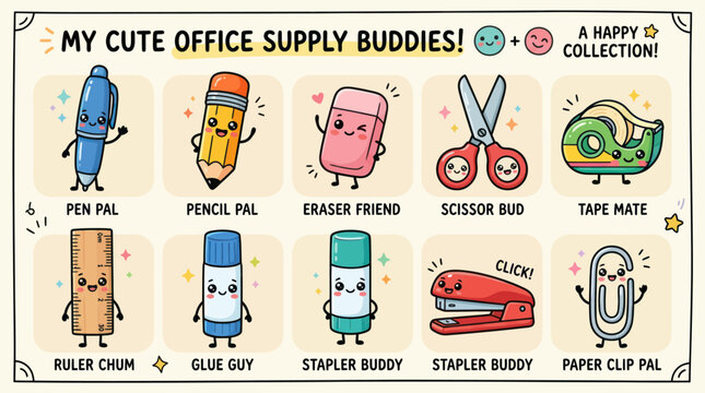 Cute cartoon office supplies collection
