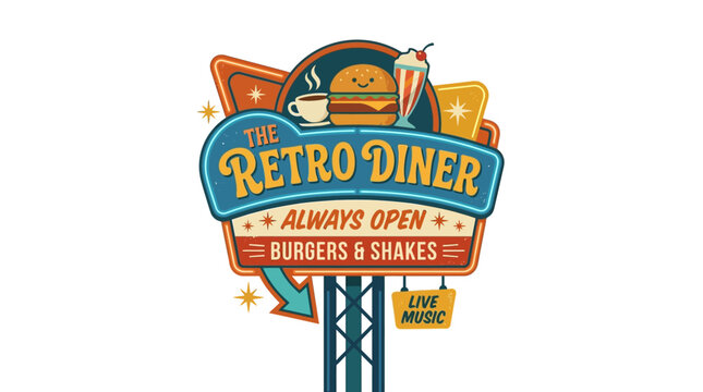 Retro Diner Sign: Burgers, Shakes, Live Music, Always Open Neon Style