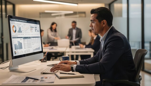 Focused medium shot of a team leader analyzing variable pay reports on a computer screen with coworkers and office tools out of focus to stress datadriven decisions.