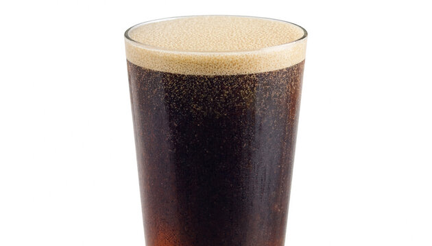 A tall glass filled with dark beer topped with a creamy foam head, isolated on white. Perfect for beverage, pub, menu, or product presentations with a rich, refreshing mood.