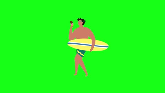Cartoon Male Surfer Holding Surfboard and Eating Ice Cream Green Screen