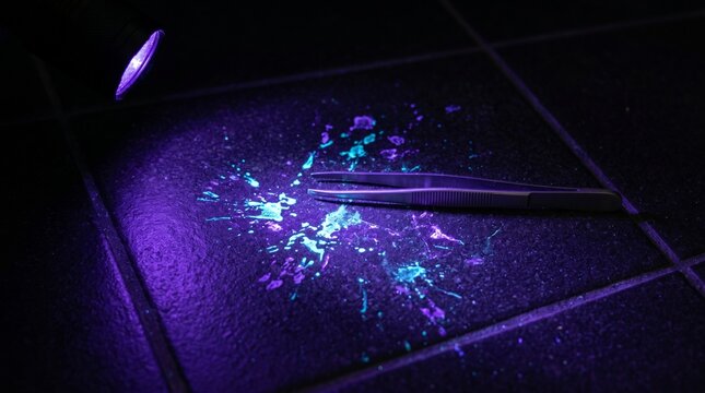 Forensic Investigator Using UV Light to Detect Biological Stains and DNA Evidence on Dark Floor with Tweezers at Crime Scene, Professional Scientific Investigation Concept