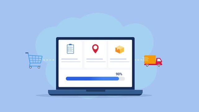 Animated flat vector illustration of a laptop displaying an ecommerce order tracking dashboard with shopping cart, location pin, package, and delivery truck icons. Modern logistics, order management, 