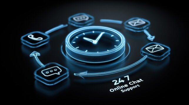 Support system displays online chat options and clock for 24/7 service with various communication icons showing interaction methods