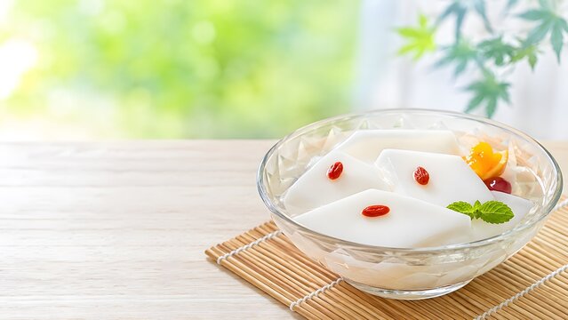 ガラスの器に盛った涼やかな杏仁豆腐とクコの実 夏の中華デザート