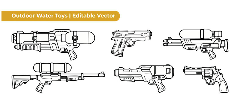 Water gun vector icon set of outline squirt guns and water pistols for outdoor summer fun play. Line art illustrations of blaster toys isolated on white background for coloring page design element pac