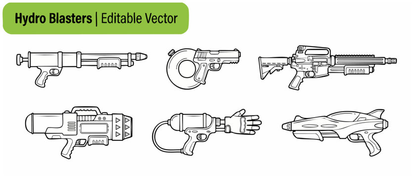 Water gun vector illustration set of hydro blasters and squirt pistols in black outline style for summer beach pool party, coloring book page design, isolated toy weapons on white background.