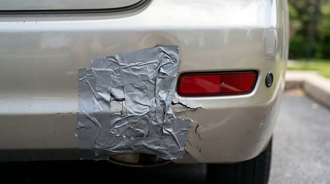 Temporary car bumper repair using duct tape, a common solution for minor damage