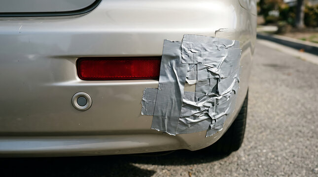 Damaged Silver Car Rear Bumper Poorly Repaired and Fixed with Grey Duct Tape