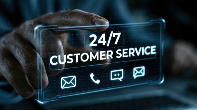 Customer service support displayed on a transparent screen with contact options and availability shown in a busy office setting