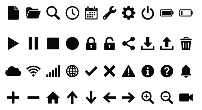 Collection of simple black interface icons with clear visual cues for digital applications and web design