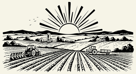 Sunrise over Agricultural Farm Landscape Vector Illustration featuring Tractors in Cultivated Fields  © Manok Mas