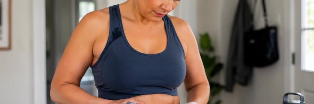 Wide banner of woman using GLP-1 injection pen in abdomen at home, weight loss, diabetes care, metabolic health