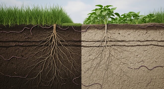 Healthy Plant Roots Comparing Nutrient Rich and Depleted Soil Under Green Leaves