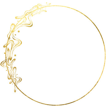 Gold stroke frame. Gold circle frame with glowing golden particles. Gold Foil circle frame gold splatter frames glitter,  shimmer, shine, shining. Pieces flakes of gold foil on isolated wedding frame.