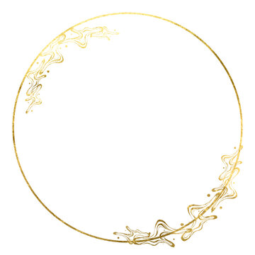 Gold circle frame with glowing golden particles. Gold Foil circle frame gold splatter frames glitter,  shimmer, shine, shining. Gold stroke frame. Pieces flakes of gold foil on isolated wedding frame.