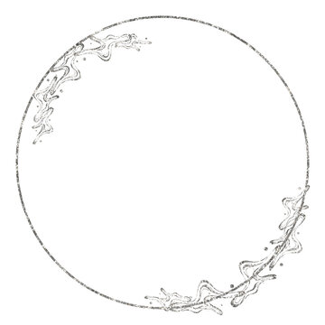 Silver round frame for your text. Silver Foil Frame splatter frames glitter. Silver stroke on transparent background. Brushstroke with silver Watercolor brush stroke silver. Silver foil pieces flake. 