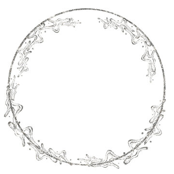 Silver foil frame abstract grunge background. Watercolor brush stroke. Silver pieces flake. Old silver texture. Silver sparkles and glowing trail,corner, border, edging, nook. PNG  splatter glitter.