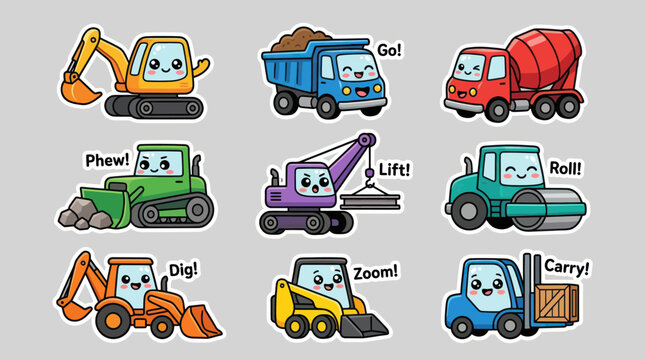 Cute construction vehicles cartoon characters