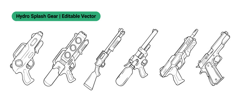 Water gun vector illustration set containing outline icons of black and white squirt guns, toy blasters, pistols, and shotguns for summer activities, coloring pages, game assets, and line art designs.
