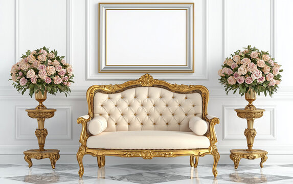 Baroque style gold sofa in luxury white interior, elegant tufted loveseat with floral arrangements, ornate classic furniture and blank picture frame mockup