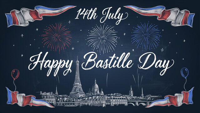 Happy bastille day chalkboard style isolated on white png product cutout clipping path ad social media download product template event festive festival 2026 2027 2028