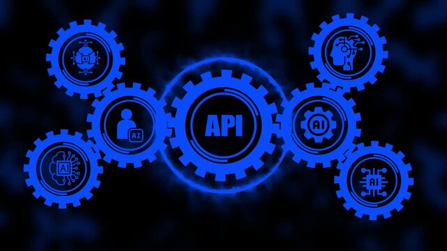 Api integration concept with rotating ai gears and digital technology for software development, cloud computing, and machine learning automation background