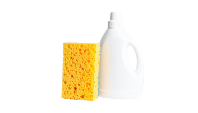 A kitchen cleaning sponge next to a bottle of dishwashing liquid, realistic textures, household cleaning concept, isolated on transparent background