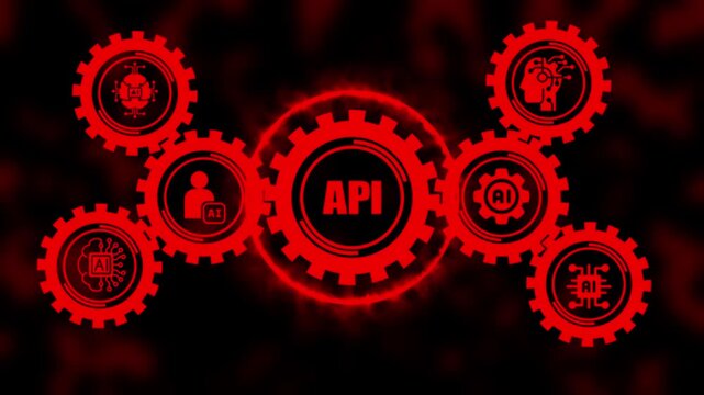 Api integration and artificial intelligence concept with rotating red gear mechanism for software development and digital transformation technology background