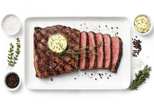 Ribeye steak grilled and sliced, topped with herbed butter and garnished with thyme and peppercorns. Composition on a white platter with small bowls of sea salt, pepper, and butter.