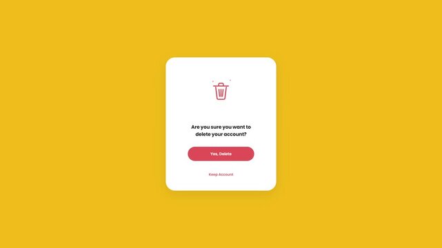 Delete account pop up windows on yellow background