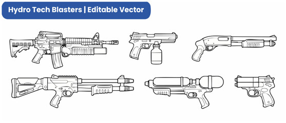 Obraz premium Water gun vector line art blasters set featuring tactical toy rifles, shotguns, and pistol outline icons for coloring book design isolated on white background for gaming and play concept illustration.