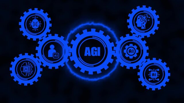Artificial general intelligence agi concept with rotating blue gears and ai technology for digital transformation and future computing motion