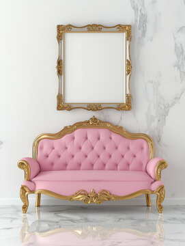 Baroque pink tufted sofa with ornate gold frame, luxury interior mockup on marble wall, elegant vintage furniture in classic room