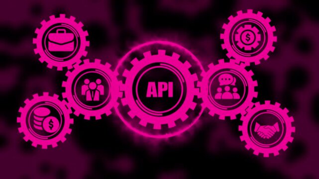 Api integration concept with rotating gears and business digital technology network background, software development and corporate strategy motion
