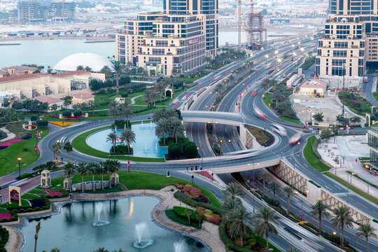 Beautiful Aerial View of Pearl Qatar. Roundabout Pearl Qatar at early morning.