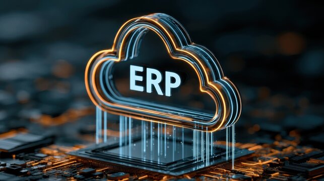 Cloud based ERP system displayed on a circuit board with light effects in a modern setting