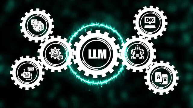 Llm large language model concept with animated gear for artificial intelligence, machine learning, and natural language processing technology