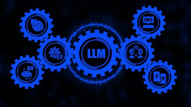 Llm large language model concept with rotating blue gears and artificial intelligence for tech and software development presentations