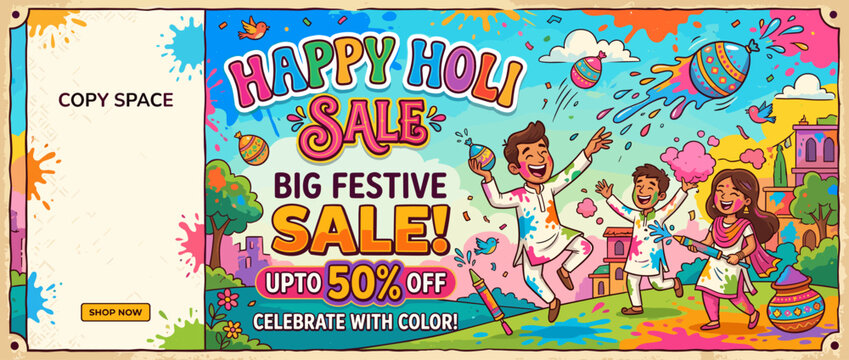 Colorful Holi Festival Sale Banner featuring dancing people, color splash, and vibrant advertisement design.
