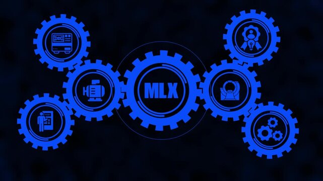 Mlx machine learning technology concept with rotating blue gears and digital animation